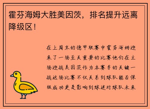 霍芬海姆大胜美因茨，排名提升远离降级区！