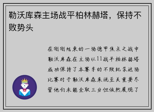 勒沃库森主场战平柏林赫塔，保持不败势头