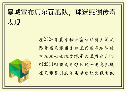 曼城宣布席尔瓦离队，球迷感谢传奇表现